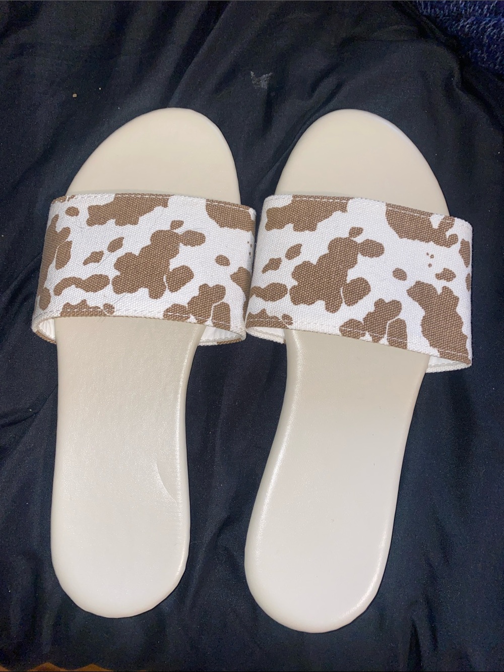 SHEIN Cream Slide Sandals with Brown Cow-Print Strap